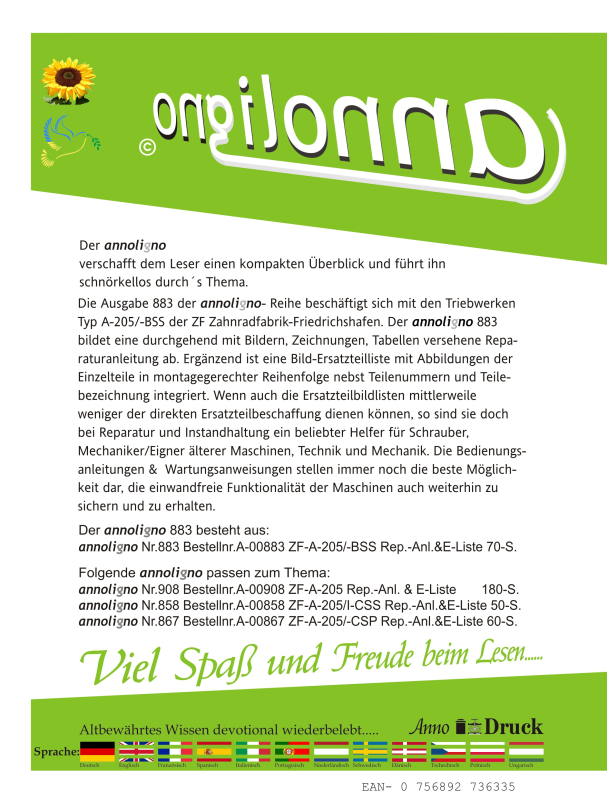 ZF Zahnradfabrik-Friedrichshafen Triebwerke Typ A-205/-BSS Reparaturanleitung & Bild-Ersatzteilliste & Explosionszeichnungen - annoligno 883